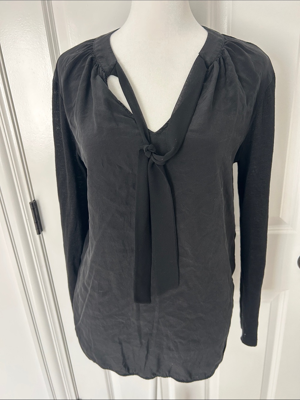 Sandro Black Long-Sleeve Tie-Neck Blouse- Medium